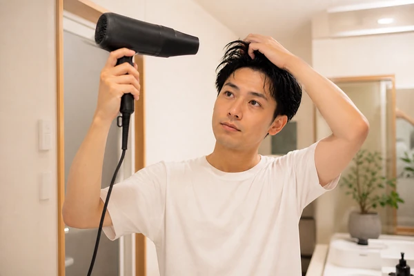 入浴後に髪をやさしく乾かす日本人男性