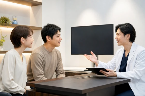 毛髪の悩みをクリニックで相談する日本人男女