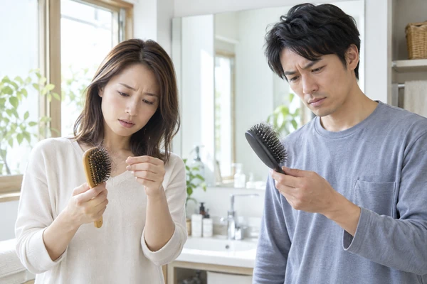 ヘアブラシの汚れを確認する日本人男女
