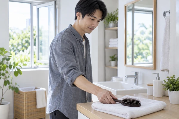 洗ったヘアブラシを清潔な場所で乾燥させる日本人男性
