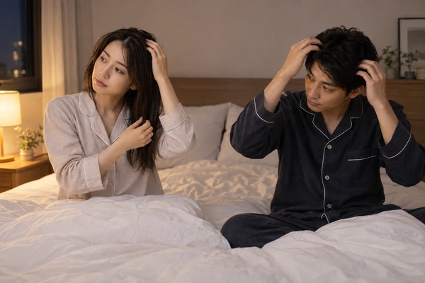 就寝前に髪の乾き具合を確認する日本人男女
